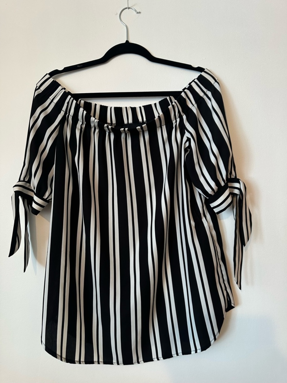 Frank Lyman Navy & White Off-Shoulder Stripe Tie-Sleeve Top